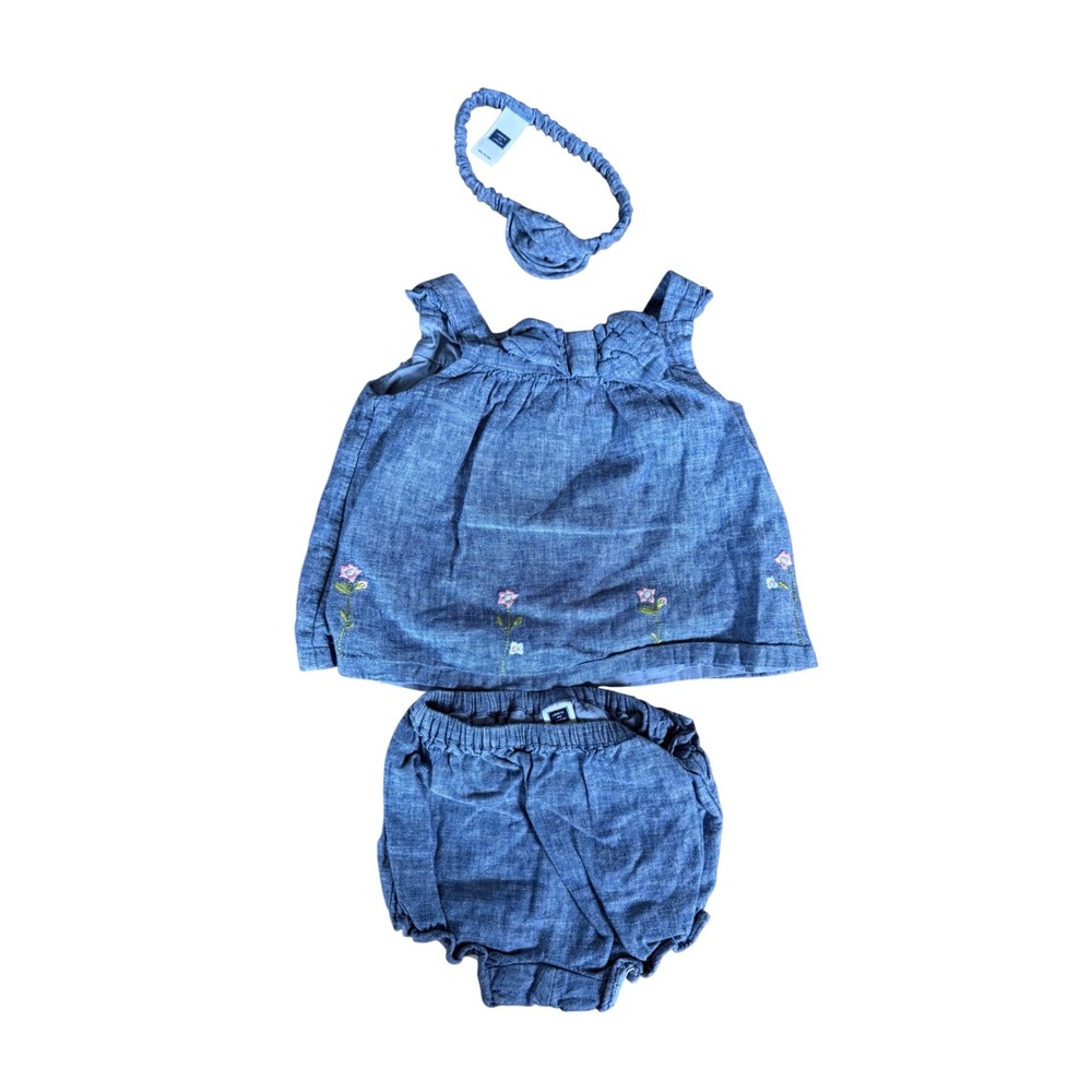 Janie and Jack Baby Girls 12-18M Blue Linen Chambray Floral Top Bloomer Set